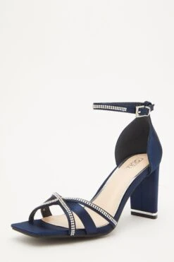 Navy Satin Cross Strap Heeled Sandals -Chic Summer Shop 00100032850 XB