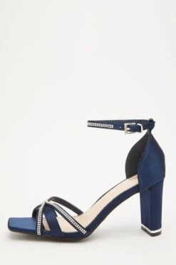 Navy Satin Cross Strap Heeled Sandals