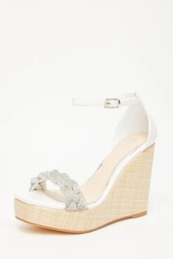 White Embellished Pleat Wedges 10 White Embellished Pleat Wedges -Chic Summer Shop 00100033267 XB