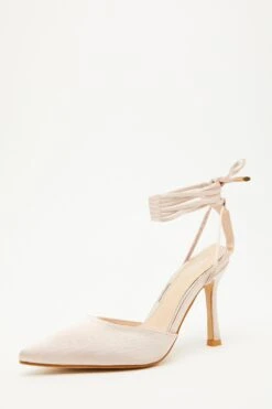 Champagne Satin Ankle Tie Court Heels -Chic Summer Shop 00100034489 XB