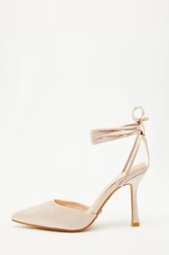 Champagne Satin Ankle Tie Court Heels
