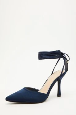 Navy Satin Ankle Tie Court Heels -Chic Summer Shop 00100034490 XB