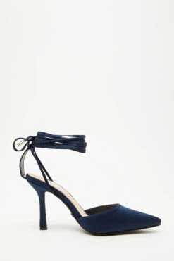 Navy Satin Ankle Tie Court Heels -Chic Summer Shop 00100034490 ZS