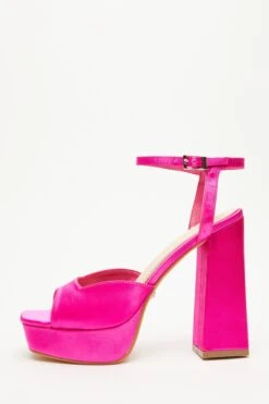 Hot Pink Satin Platform Heeled Sandals