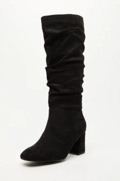 Wide Fit Black Faux Suede Ruched Heeled Boots -Chic Summer Shop 00100035051 XB