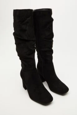Wide Fit Black Faux Suede Ruched Heeled Boots -Chic Summer Shop 00100035051 XS