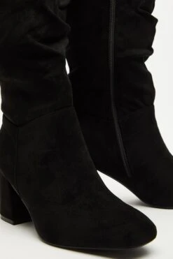 Wide Fit Black Faux Suede Ruched Heeled Boots -Chic Summer Shop 00100035051 ZB