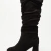 Wide Fit Black Faux Suede Ruched Heeled Boots