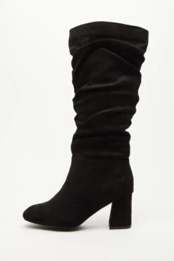 Wide Fit Black Faux Suede Ruched Heeled Boots
