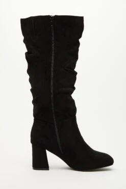 Wide Fit Black Faux Suede Ruched Heeled Boots -Chic Summer Shop 00100035051 ZS