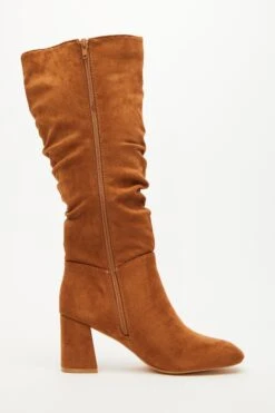 Tan Faux Suede Ruched Heeled Boots -Chic Summer Shop 00100035052 ZS