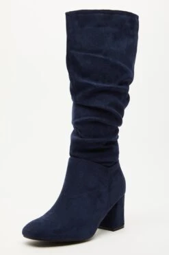 Wide Fit Navy Faux Suede Ruched Heeled Boots -Chic Summer Shop 00100035056 XB