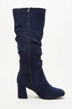 Wide Fit Navy Faux Suede Ruched Heeled Boots -Chic Summer Shop 00100035056 ZS