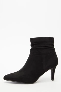 Black Faux Suede Ruched Heeled Ankle Boots