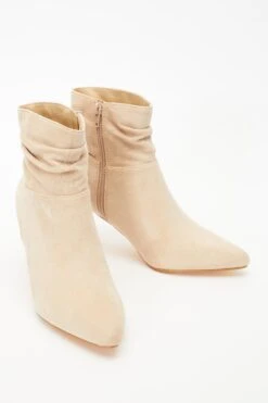 Cream Faux Suede Ruched Heeled Ankle Boots -Chic Summer Shop 00100035059 XS