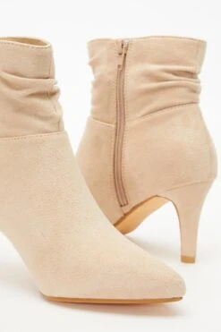 Cream Faux Suede Ruched Heeled Ankle Boots -Chic Summer Shop 00100035059 ZB