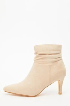 Cream Faux Suede Ruched Heeled Ankle Boots