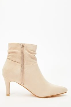 Cream Faux Suede Ruched Heeled Ankle Boots -Chic Summer Shop 00100035059 ZS