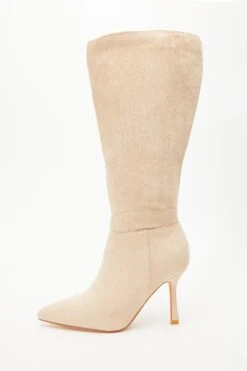 Cream Knee High Heeled Boots