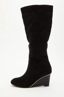 Black Faux Suede Wedge Heeled Boots