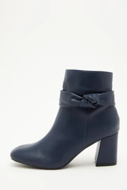 Navy Faux Leather Heeled Ankle Boots