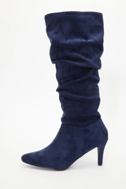 Navy Ruched Knee High Heeled Boots