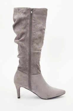 Grey Ruched Knee High Heeled Boots -Chic Summer Shop 00100035086 ZS