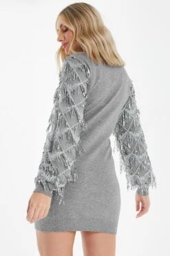 Grey Knitted Embellished Mini Dress -Chic Summer Shop 00100035262 XB