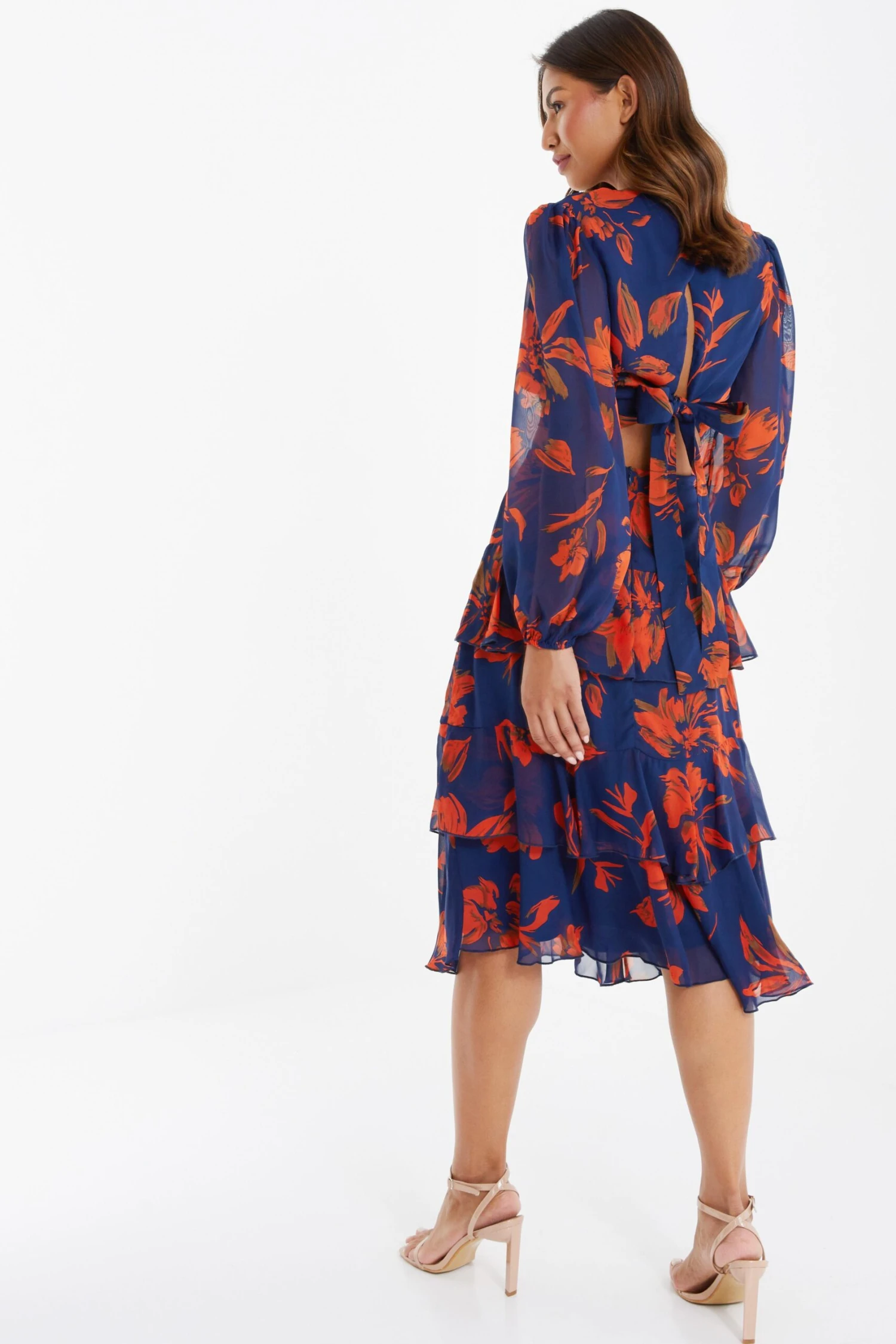 Orange Floral Chiffon Tiered Midi Skirt 5 Orange Floral Chiffon Tiered Midi Skirt - Image 3