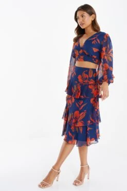 Orange Floral Chiffon Tiered Midi Skirt 11 Orange Floral Chiffon Tiered Midi Skirt -Chic Summer Shop 00100035490 XS