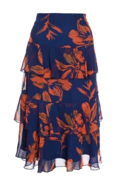 Orange Floral Chiffon Tiered Midi Skirt