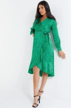 Green Animal Print Wrap Midi Dress -Chic Summer Shop 00100035493 XS
