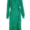 Green Animal Print Wrap Midi Dress