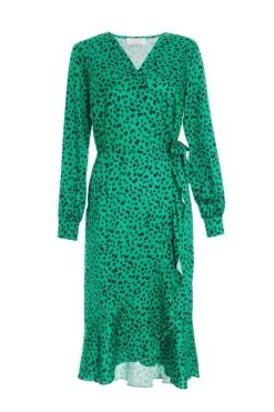Green Animal Print Wrap Midi Dress