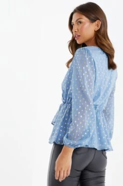 Blue Polka Dot Foil Peplum Top -Chic Summer Shop 00100035708 XB