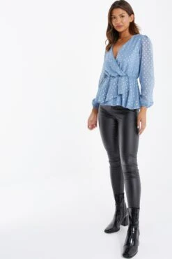 Blue Polka Dot Foil Peplum Top -Chic Summer Shop 00100035708 XS