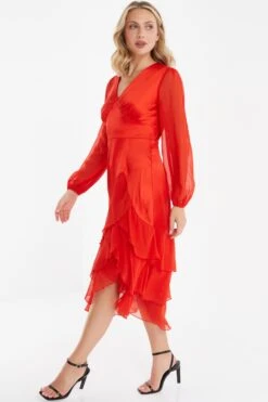 Orange Satin Frill Midi Dress -Chic Summer Shop 00100035710 XS