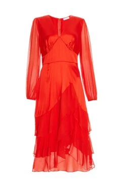 Orange Satin Frill Midi Dress