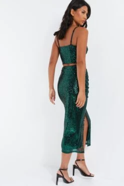 Green Sequin Ruched Midi Skirt -Chic Summer Shop 00100035712 XB