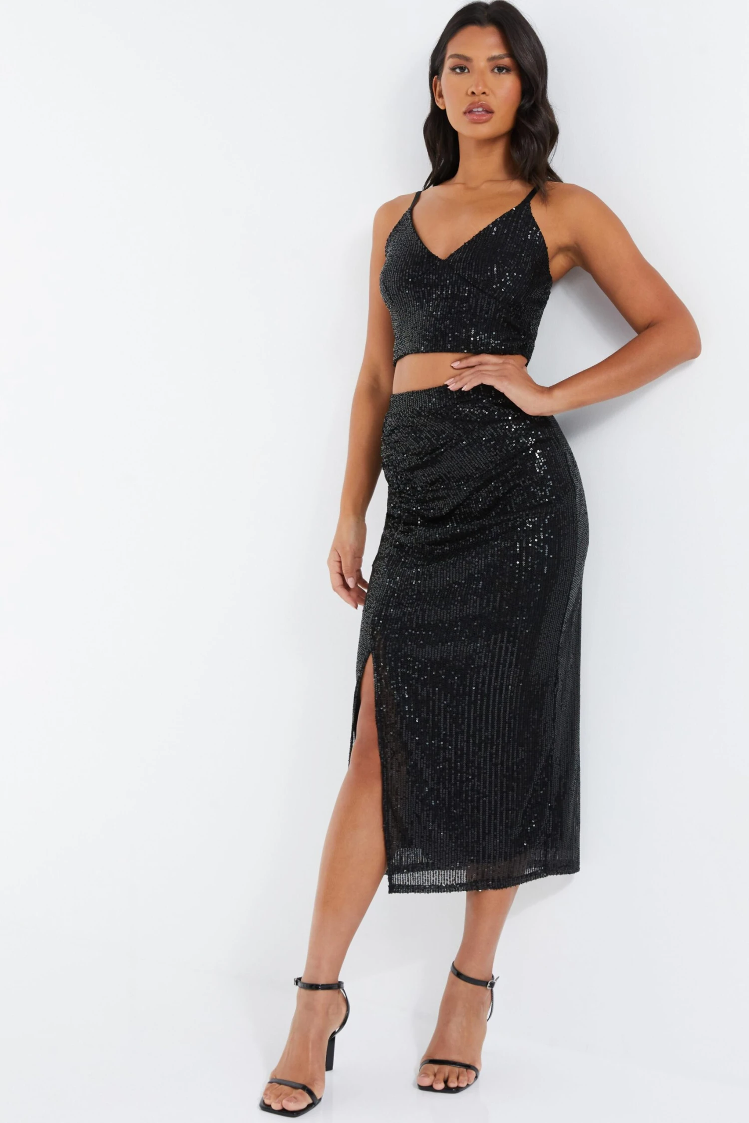 Black Sequin Ruched Midi Skirt 4 Black Sequin Ruched Midi Skirt - Image 2