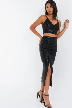 Black Sequin Ruched Midi Skirt 11 Black Sequin Ruched Midi Skirt -Chic Summer Shop 00100035714 XS