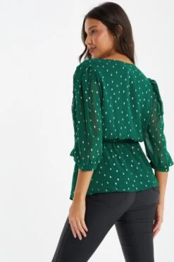 Bottle Green Chiffon Foil Peplum Top -Chic Summer Shop 00100035822 XB