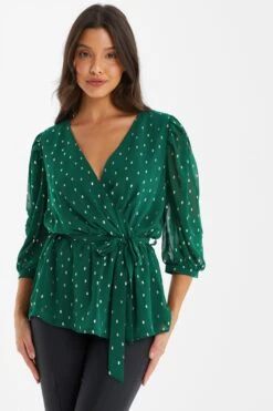 Bottle Green Chiffon Foil Peplum Top -Chic Summer Shop 00100035822 XM