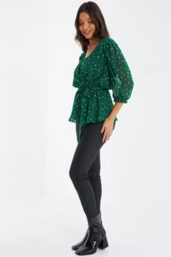 Bottle Green Chiffon Foil Peplum Top -Chic Summer Shop 00100035822 XS