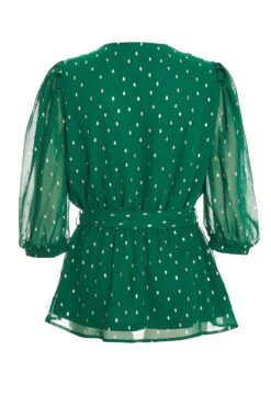 Bottle Green Chiffon Foil Peplum Top -Chic Summer Shop 00100035822 ZB