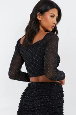 Black Diamante Mesh Ruched Crop Top 10 Black Diamante Mesh Ruched Crop Top -Chic Summer Shop 00100035835 XB