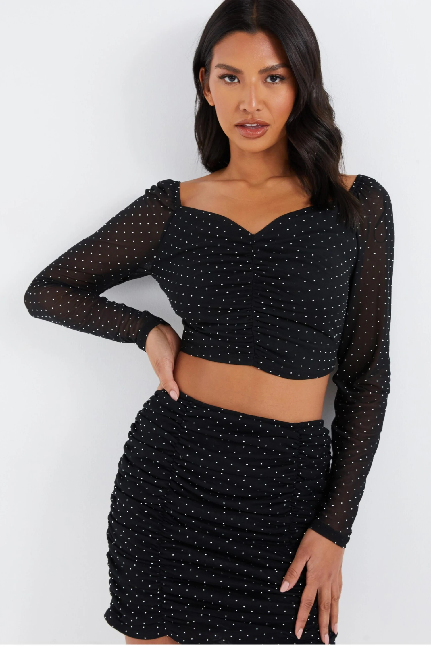 Black Diamante Mesh Ruched Crop Top 4 Black Diamante Mesh Ruched Crop Top - Image 2
