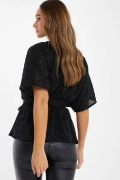 Black Sequin Batwing Peplum Top -Chic Summer Shop 00100035864 XB