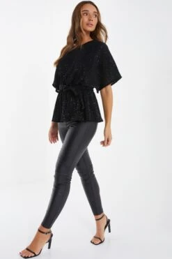 Black Sequin Batwing Peplum Top -Chic Summer Shop 00100035864 XS