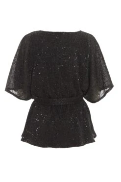 Black Sequin Batwing Peplum Top -Chic Summer Shop 00100035864 ZB